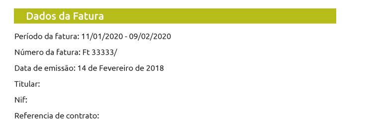 Dados da Fatura da Iberdrola: Período da Fatura, Número da Fatura, Data de Emissão, Titular, NIF, Referência de Contrato