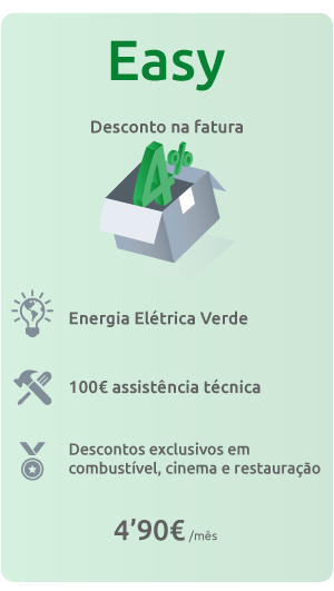 Pack Living EDP Easy: Desconto de 4% na fatura, energia elétrica verde, 100€ assistência técnica, descontos exclusivs em combustível, cinema e restauração por 4,90€/mês