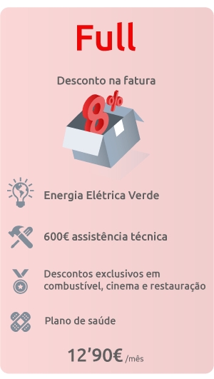 Pack Living EDP Full: desconto de 8% na fatura, energia elétrica verde, 600€ de assistência técnica, descontos exclusivos em combustível, cinema e restauração, plano de saúde